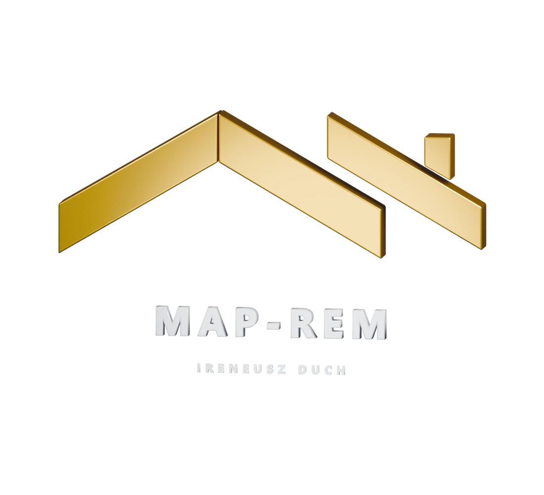 Logo 3D MAP-REM — biały napis i złoty symbol dachu, Ireneusz Duch